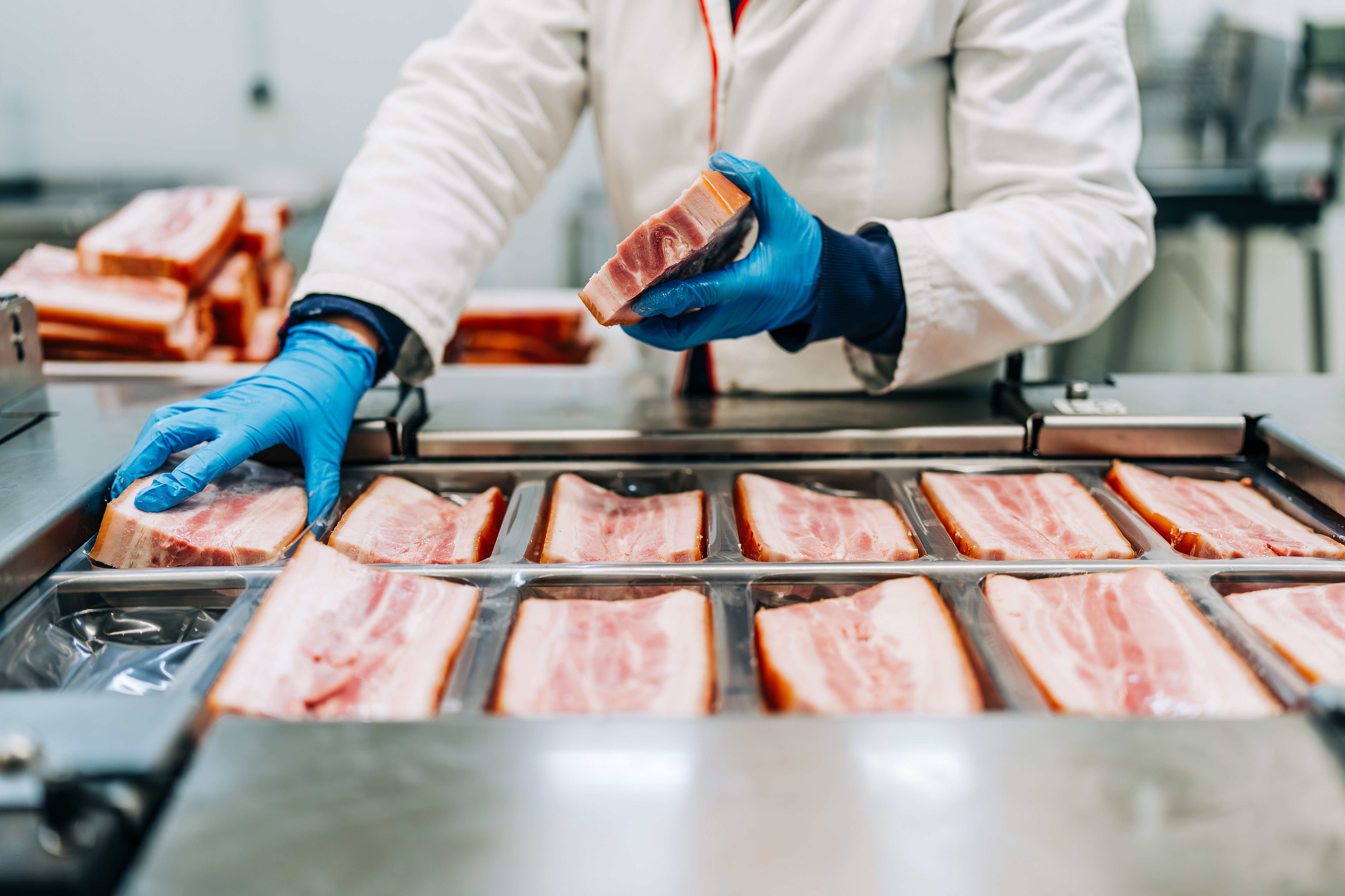 Meat Manufacturing employee packaging bacon