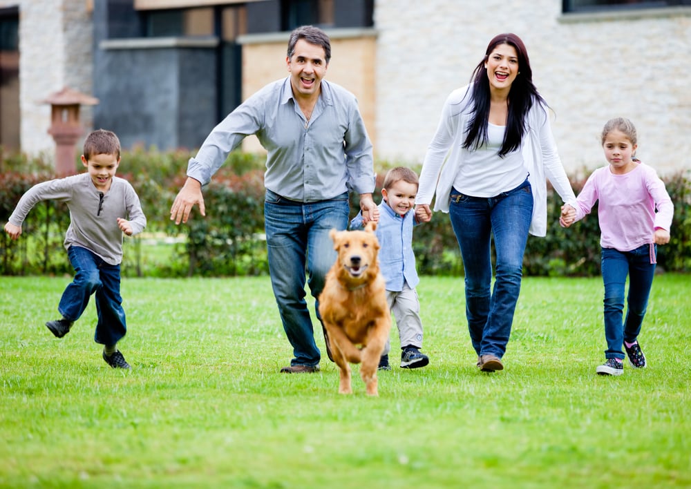 Happy family running with their dog outdoors