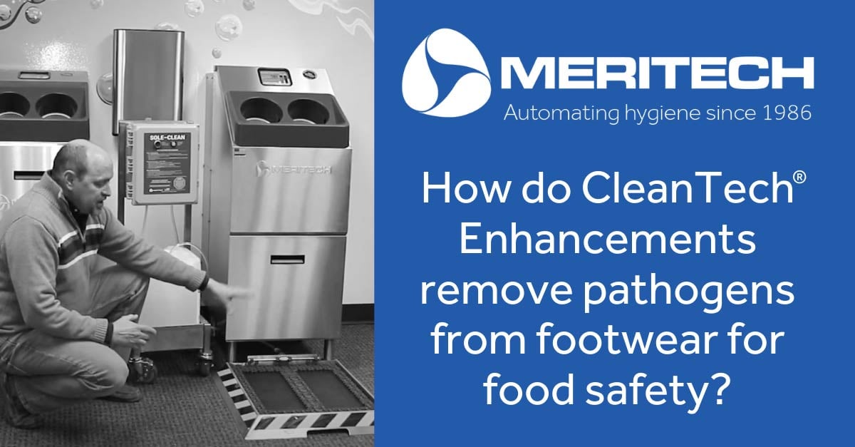 How do CleanTech® Automatic Boot Cleaner Enhancements remove pathogens from footwear for food safety?